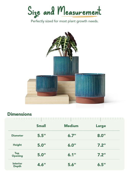 LE TAUCI Ceramic Plant Pots with Drainage Holes, Set of 3, 8+6.7+5.5 Inch Stripe Garden Planter Pots for Outdoor Indoor Plants Flower, Round Succulent Orchid Flower Pot, Reactive Glaze Black