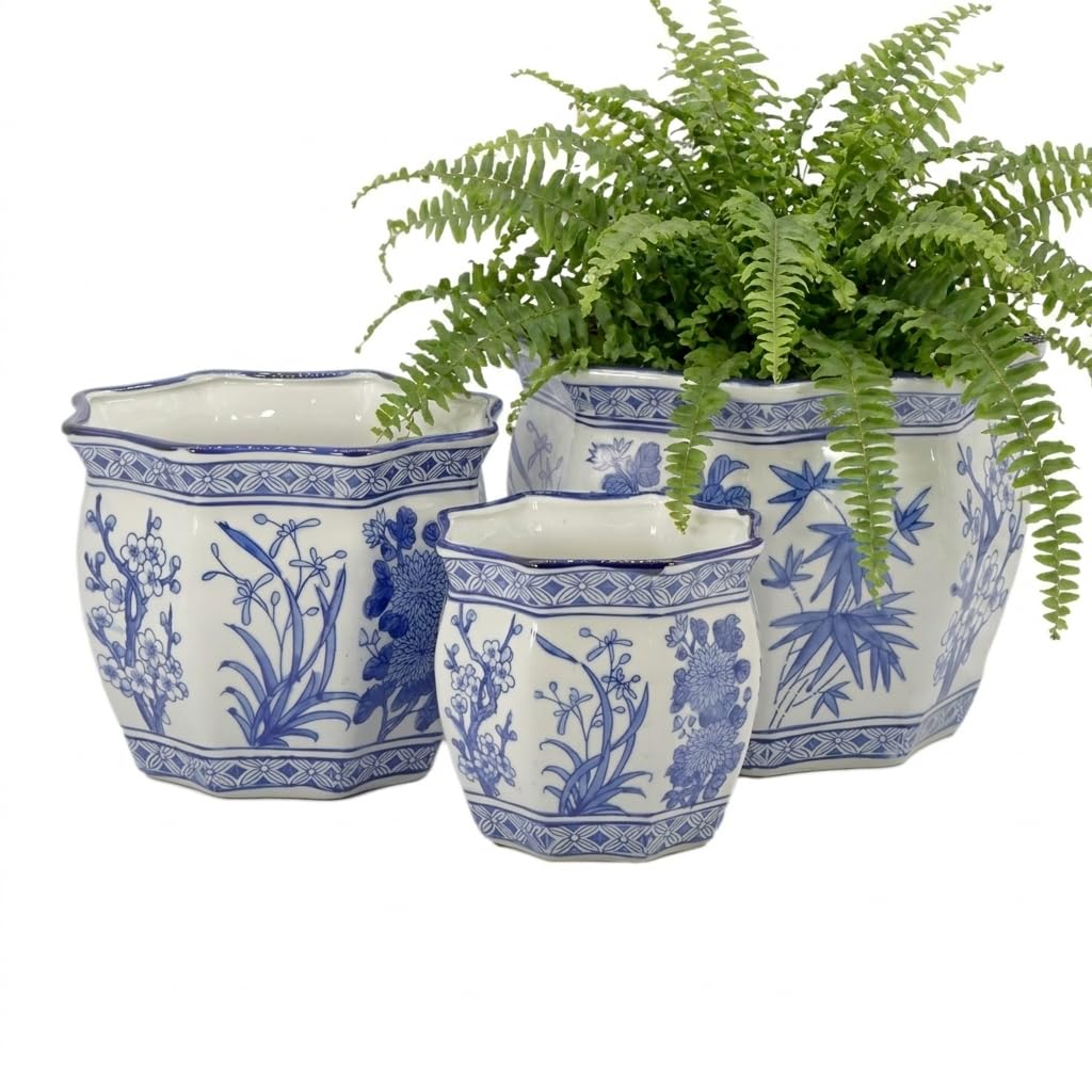 Galt International Blue & White Round Fluted Classic Floral Porcelain Ceramic Plant Flower Planter Pot Set of 3 (7.5", 10", 13") Garden Pots Chinese Asian Design