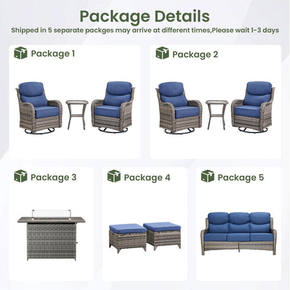 Luxury Patio Furniture Set with 6-inch Thick Cushion, Outdoor Furniture with Fire Pit Table, Swivel Chairs, Sofa, Side Table, Ottomans, 9pcs Wicker Conversation Set(Brown Wicker | Grey Cushion)