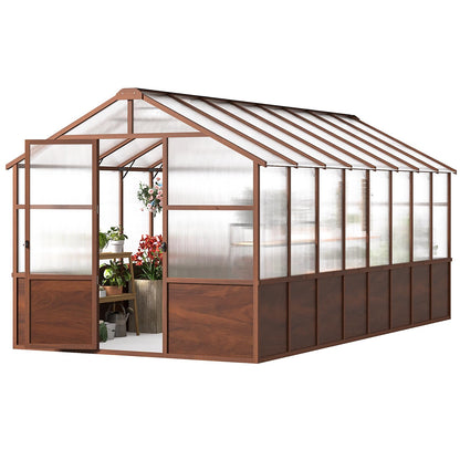 Jocoevol 6x12FT Greenhouse for Outdoors, Wooden Frame Polycarbonate Green House w/ Adjustable Roof Vent and Lockable Door Handle, Walk-in Greenhouses for Outside Garden Backyard