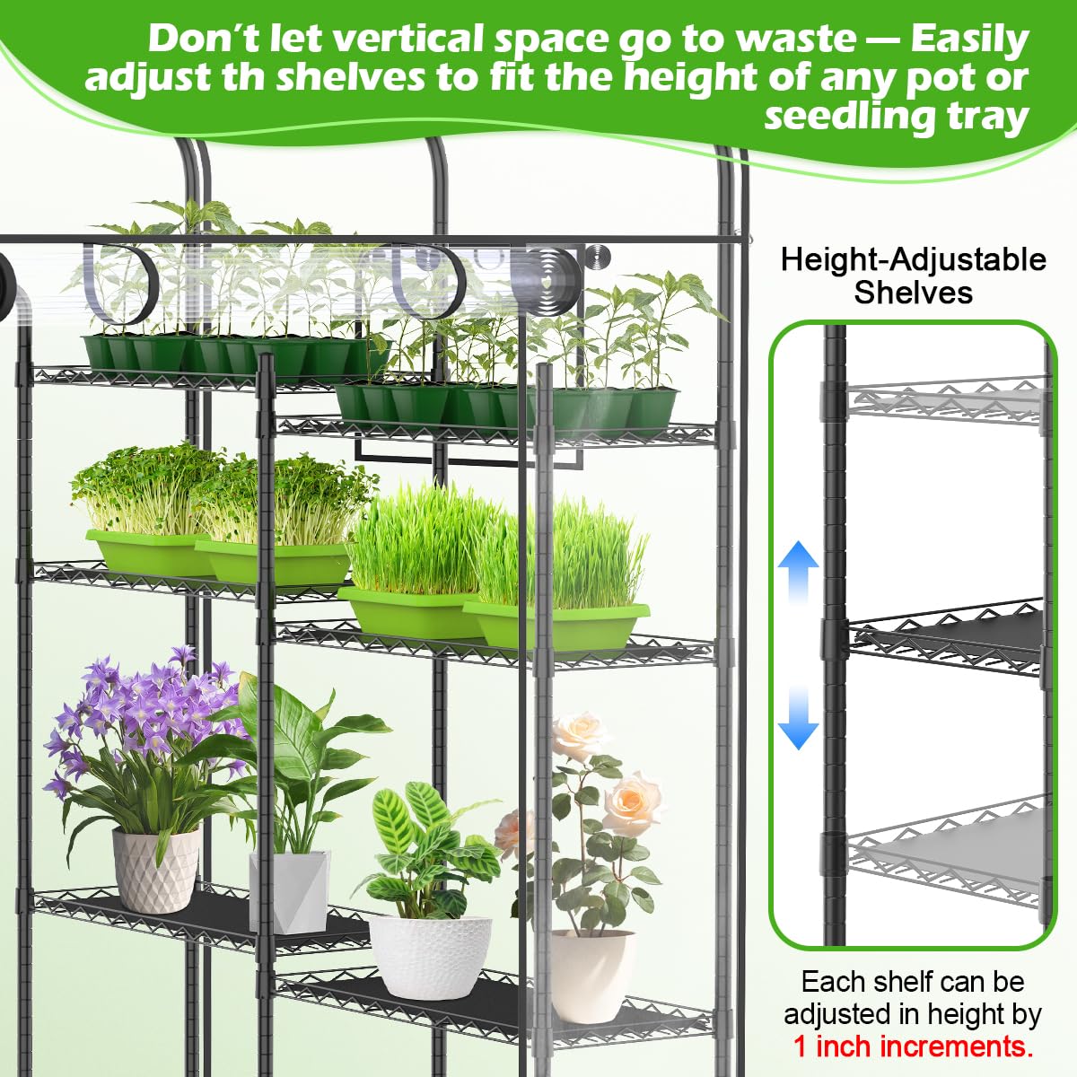 Walk-in Greenhouse with Height-Adjustable Shelves, Heavy Duty Green House for Outdoors/Indoors, Heavy-Duty Steel Frame & Thickened PVC Cover, 82"x57"x55.5", Black