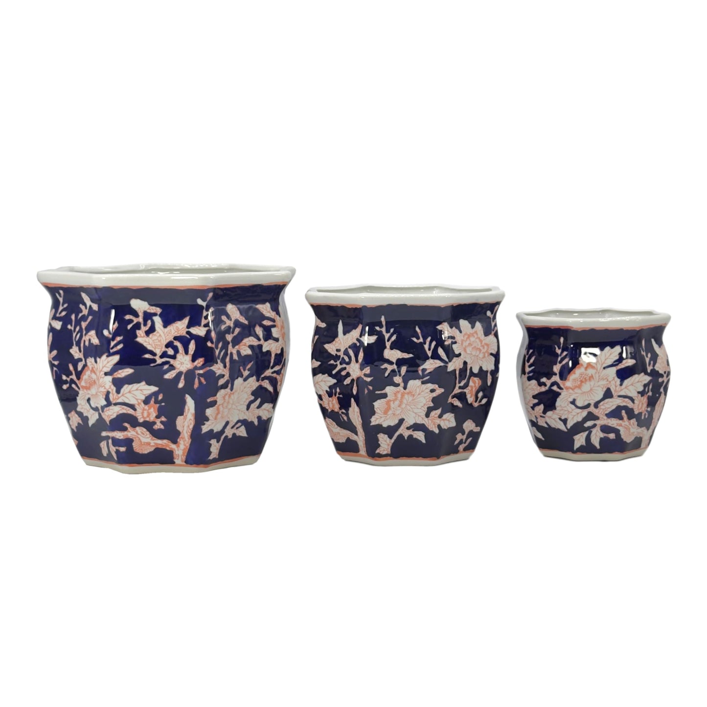 Galt International Blue & White Round Fluted Classic Floral Porcelain Ceramic Plant Flower Planter Pot Set of 3 (7.5", 10", 13") Garden Pots Chinese Asian Design