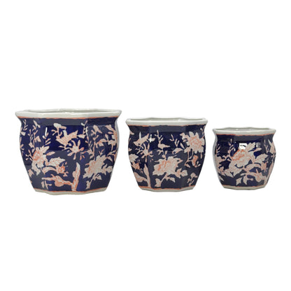 Galt International Blue & White Round Fluted Classic Floral Porcelain Ceramic Plant Flower Planter Pot Set of 3 (7.5", 10", 13") Garden Pots Chinese Asian Design