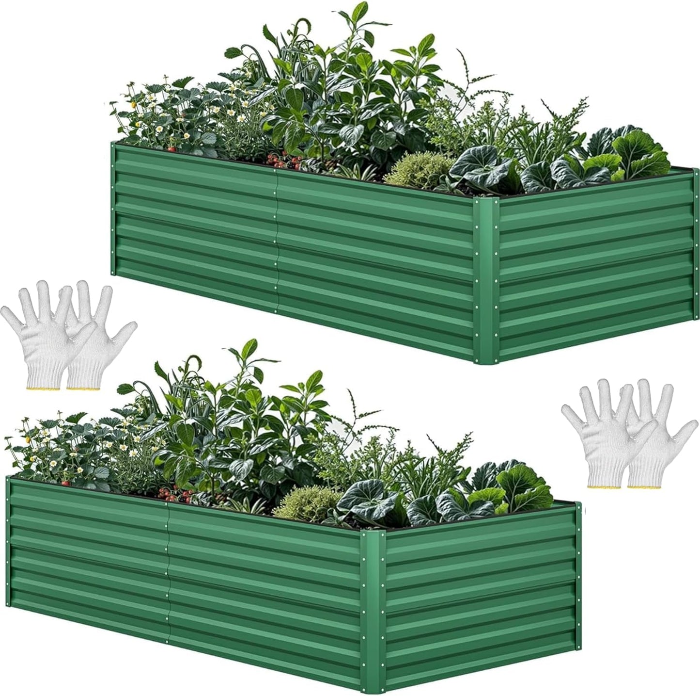 YITAHOME 6pcs 8x4x2 ft Galvanized Raised Garden Bed Kit, Large Metal Planter Box with Gloves, Safety Rubber & Support Rod, Outdoor Flower Bed for Plants Vegetables, Green