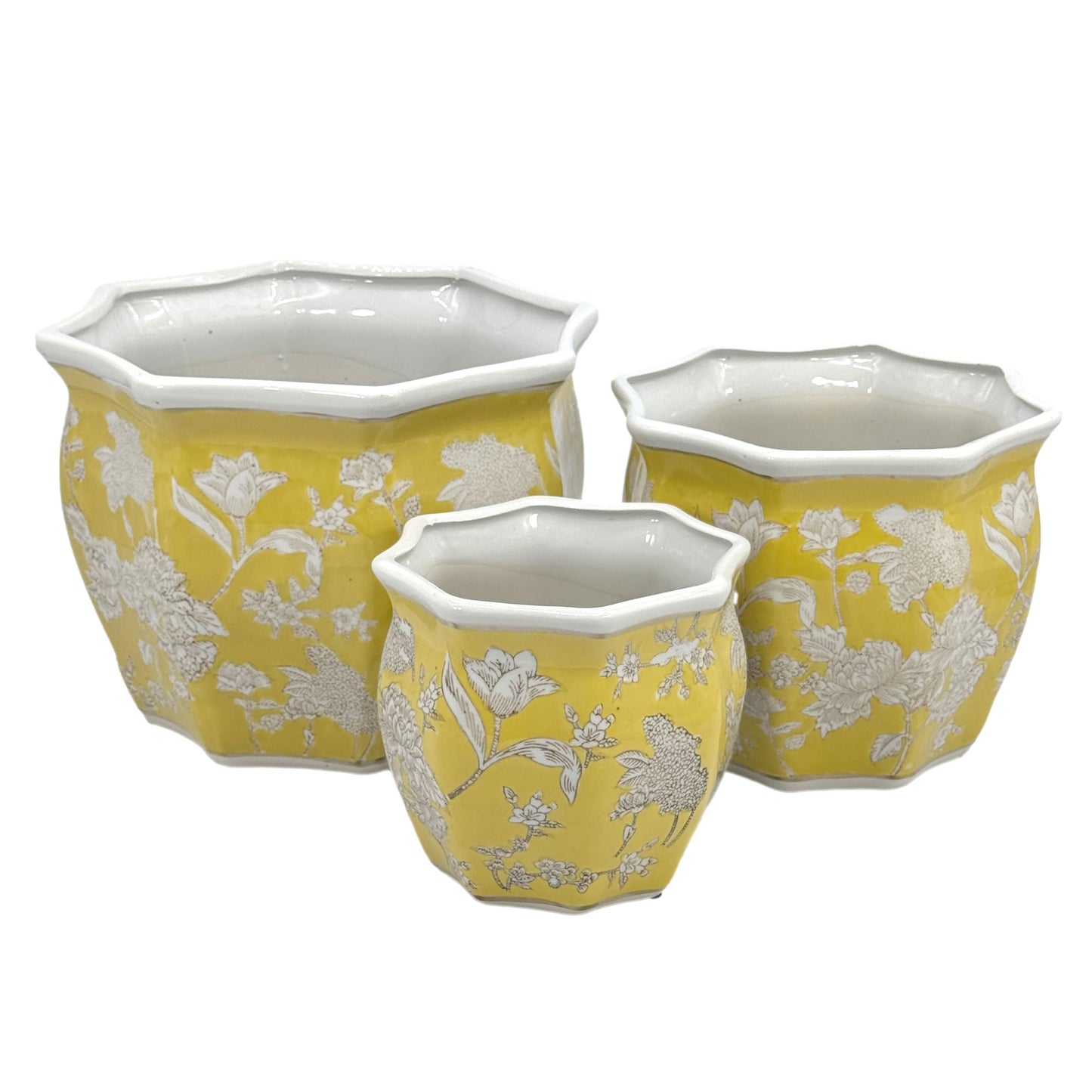 Galt International Blue & White Round Fluted Classic Floral Porcelain Ceramic Plant Flower Planter Pot Set of 3 (7.5", 10", 13") Garden Pots Chinese Asian Design