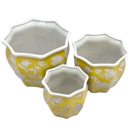 Galt International Blue & White Round Fluted Classic Floral Porcelain Ceramic Plant Flower Planter Pot Set of 3 (7.5", 10", 13") Garden Pots Chinese Asian Design