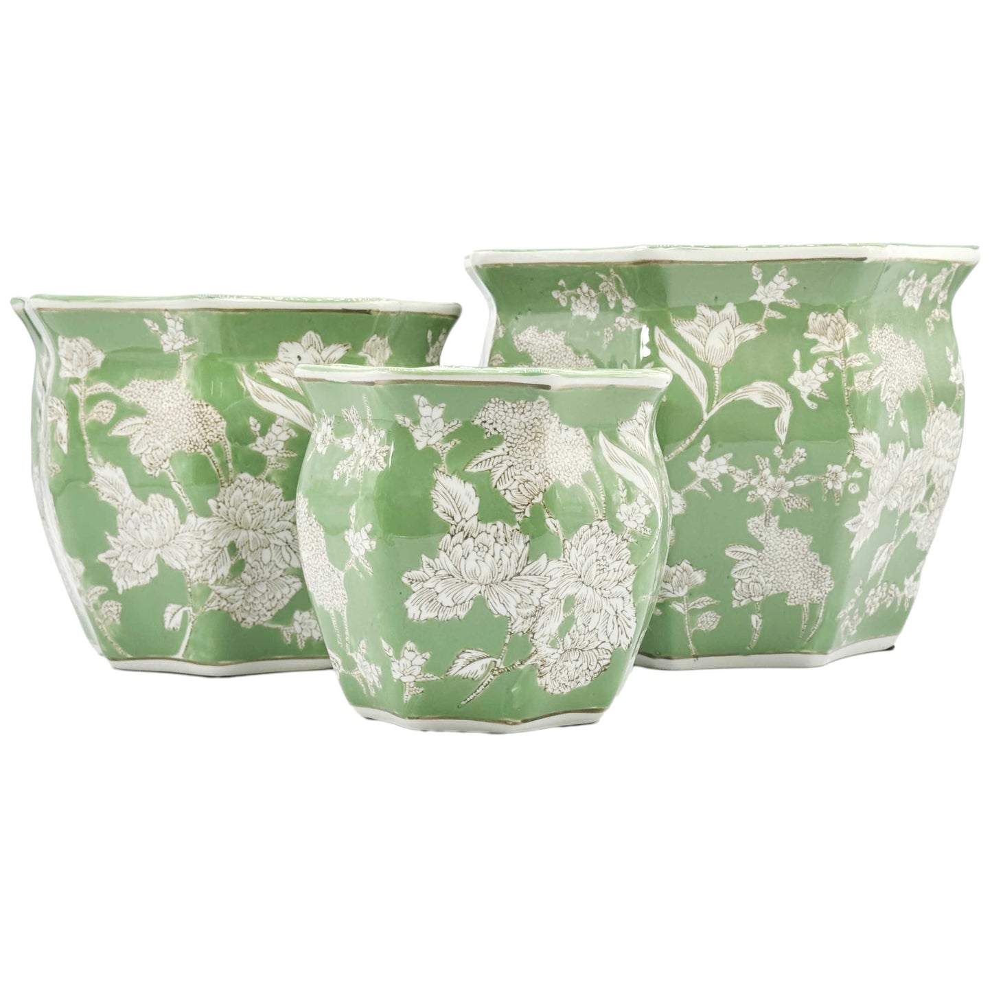 Galt International Blue & White Round Fluted Classic Floral Porcelain Ceramic Plant Flower Planter Pot Set of 3 (7.5", 10", 13") Garden Pots Chinese Asian Design