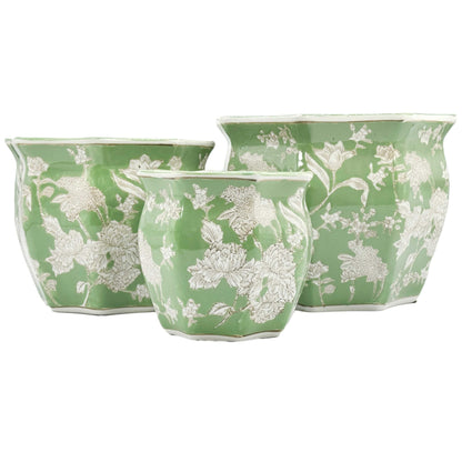 Galt International Blue & White Round Fluted Classic Floral Porcelain Ceramic Plant Flower Planter Pot Set of 3 (7.5", 10", 13") Garden Pots Chinese Asian Design