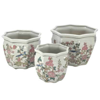 Galt International Blue & White Round Fluted Classic Floral Porcelain Ceramic Plant Flower Planter Pot Set of 3 (7.5", 10", 13") Garden Pots Chinese Asian Design