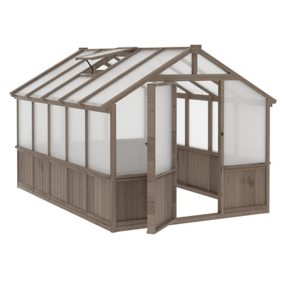 Yardenaler 8x16 FT Greenhouse for Outdoor, 6MM Thick Polycarbonate Panel Wooden Walk-in Green House with Adjustable Roof Vents and Lockable Door, Backyard Garden, Light Mocha Brown