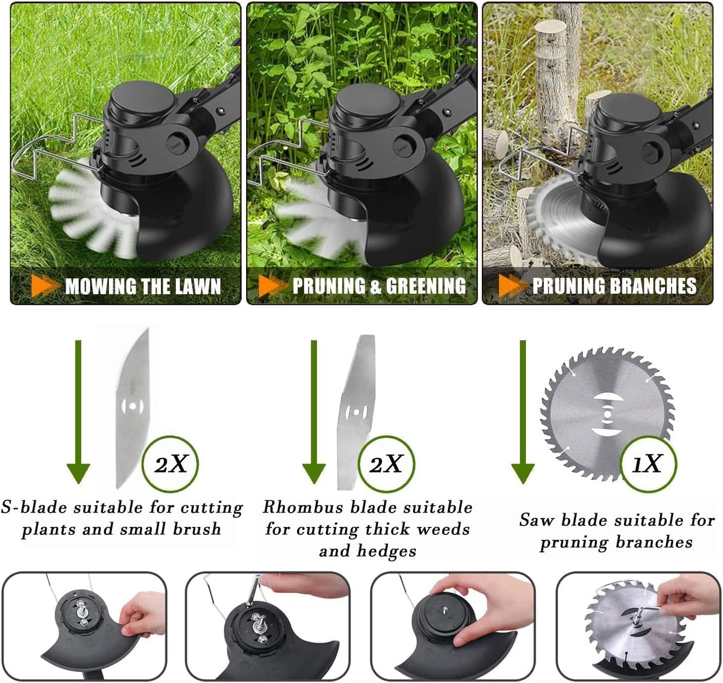 Weed Wacker - Electric Weed Wacker Cordless Trimmer. 4 in 1 Stringless Lightweight Weed Cutter/Grass Cutter/Lawn Edger.There are 4 Different Blades,Suitable for Gardens, patios (Black)