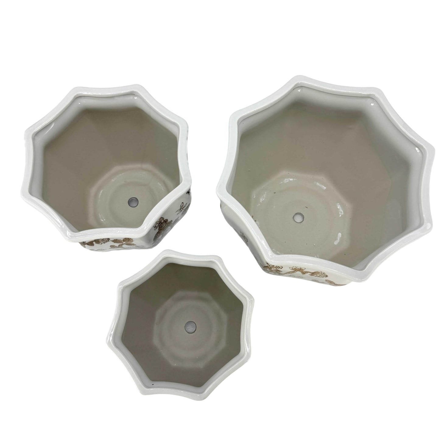 Galt International Blue & White Round Fluted Classic Floral Porcelain Ceramic Plant Flower Planter Pot Set of 3 (7.5", 10", 13") Garden Pots Chinese Asian Design