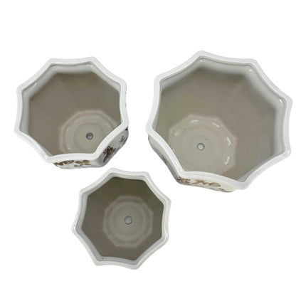 Galt International Blue & White Round Fluted Classic Floral Porcelain Ceramic Plant Flower Planter Pot Set of 3 (7.5", 10", 13") Garden Pots Chinese Asian Design