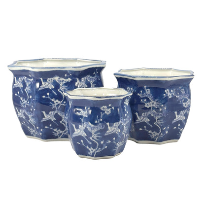 Galt International Blue & White Round Fluted Classic Floral Porcelain Ceramic Plant Flower Planter Pot Set of 3 (7.5", 10", 13") Garden Pots Chinese Asian Design
