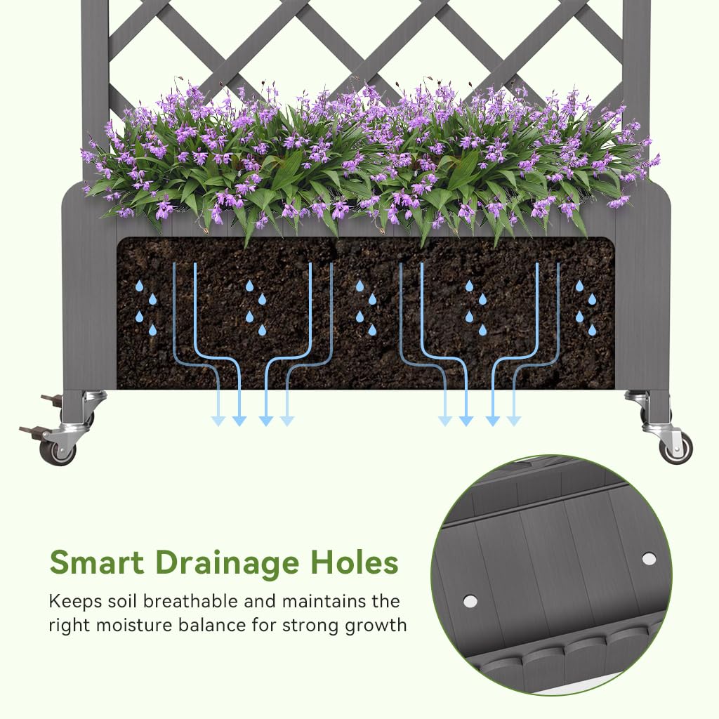 COMHOMA 2 Pack Planter Box with Trellis and Wheels, 48In Elevated Raised Garden Bed, Drainage Holes, Outdoor Lattice for Climbing Flowers, Vegetables, Patio Balcony, Brown