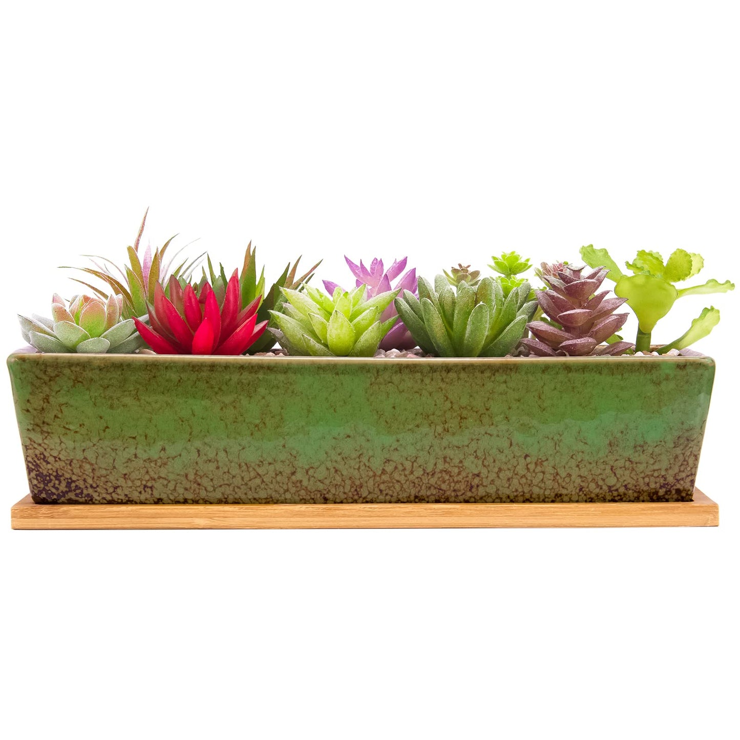 Succulent Pots - 12.1 Inch Large Succulent Planters Pots with Drainage Tray, Long Rectangle Ceramic Pot for Indoor Cactus/Succulent Plants Shallow Bonsai Window Box for Home Garden Decor (Blue)