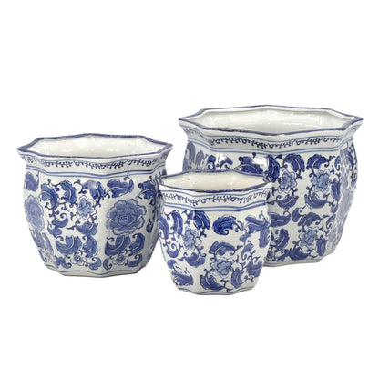 Galt International Blue & White Round Fluted Classic Floral Porcelain Ceramic Plant Flower Planter Pot Set of 3 (7.5", 10", 13") Garden Pots Chinese Asian Design