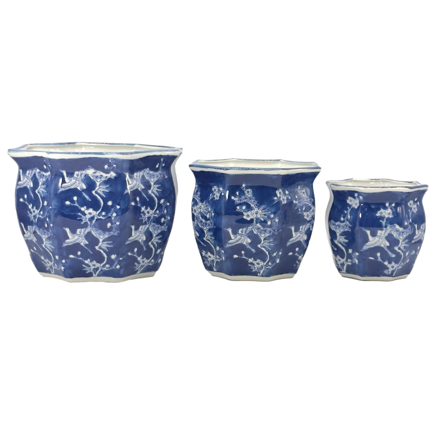 Galt International Blue & White Round Fluted Classic Floral Porcelain Ceramic Plant Flower Planter Pot Set of 3 (7.5", 10", 13") Garden Pots Chinese Asian Design