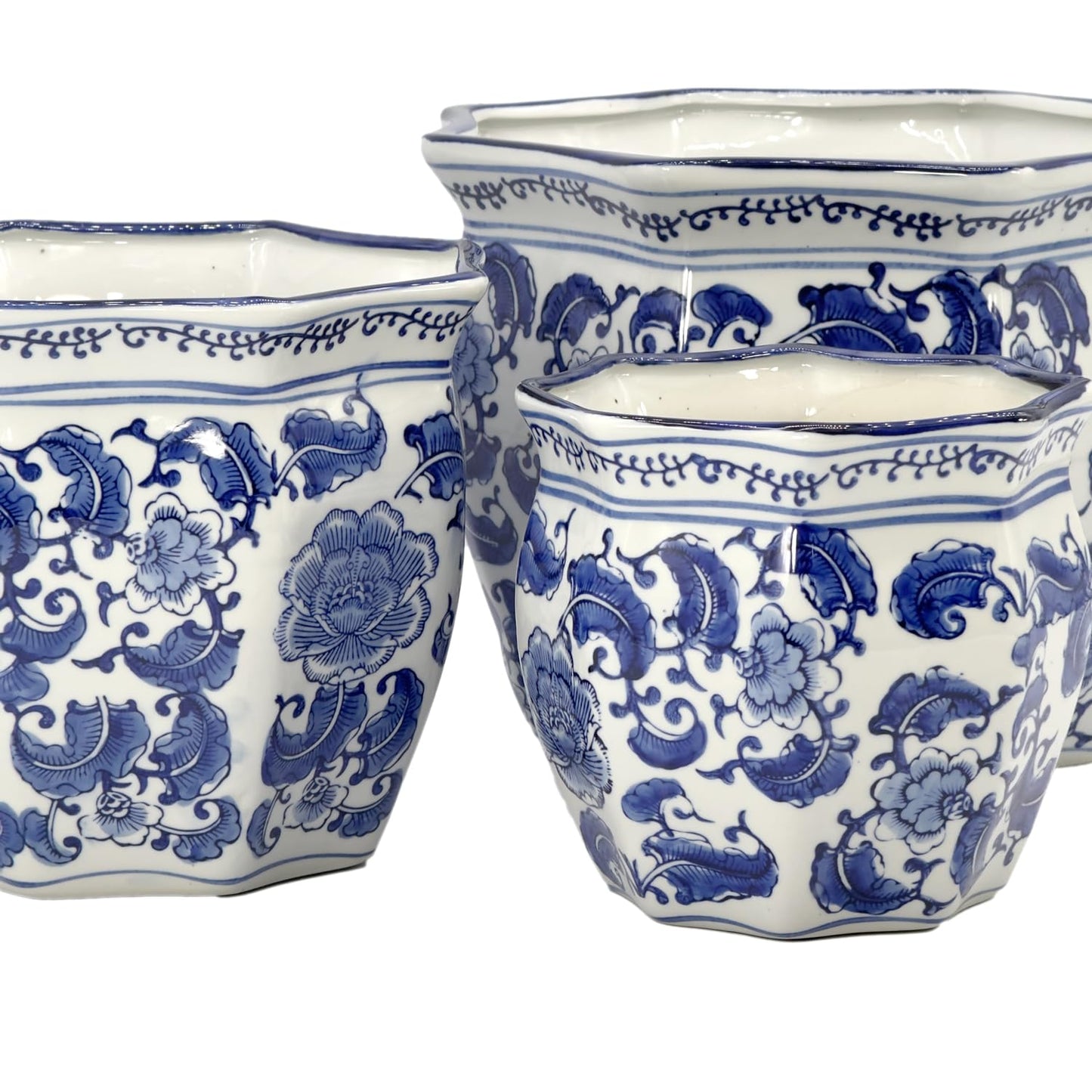 Galt International Blue & White Round Fluted Classic Floral Porcelain Ceramic Plant Flower Planter Pot Set of 3 (7.5", 10", 13") Garden Pots Chinese Asian Design