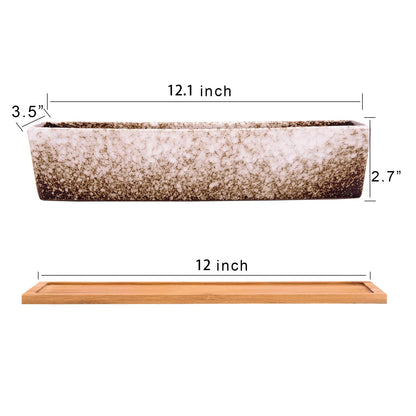 Succulent Pots - 12.1 Inch Large Succulent Planters Pots with Drainage Tray, Long Rectangle Ceramic Pot for Indoor Cactus/Succulent Plants Shallow Bonsai Window Box for Home Garden Decor (Blue)