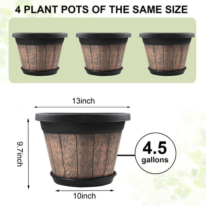 Quarut Plant Pots Set of 4 Pack 12 inch,Large Whiskey Barrel Planters with Drainage Holes & Saucer.Plastic Flower Pots Imitation Wine Barrel Design, for Indoor & Outdoor Garden Home Plants (Brown)