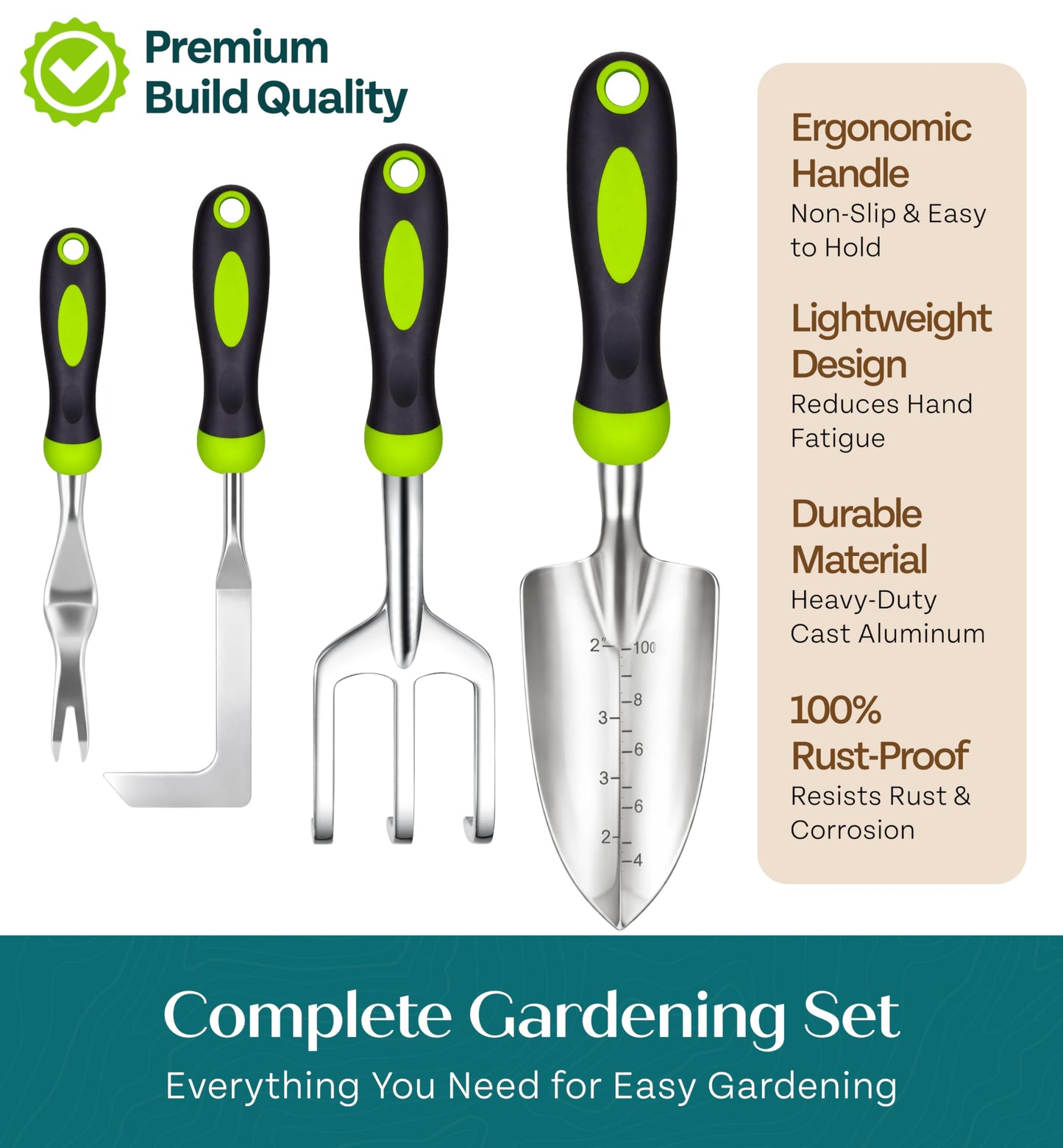 Heavy Duty Gardening Tools - Gardening Gifts for Women, Men, Mom, Dad - Durable, Ergonomic Garden Tools Set (Green)