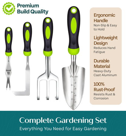 Heavy Duty Gardening Tools - Gardening Gifts for Women, Men, Mom, Dad - Durable, Ergonomic Garden Tools Set (Green)