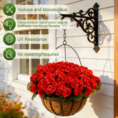12 Bundles Artificial Geranium Fake Flowers for Outdoor UV Resistant, Outside Spring Red Flower Decoration for Home Kitchen Table Cemetery Garden Planter, Front Door Silk Faux Plants