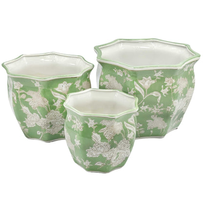 Galt International Blue & White Round Fluted Classic Floral Porcelain Ceramic Plant Flower Planter Pot Set of 3 (7.5", 10", 13") Garden Pots Chinese Asian Design
