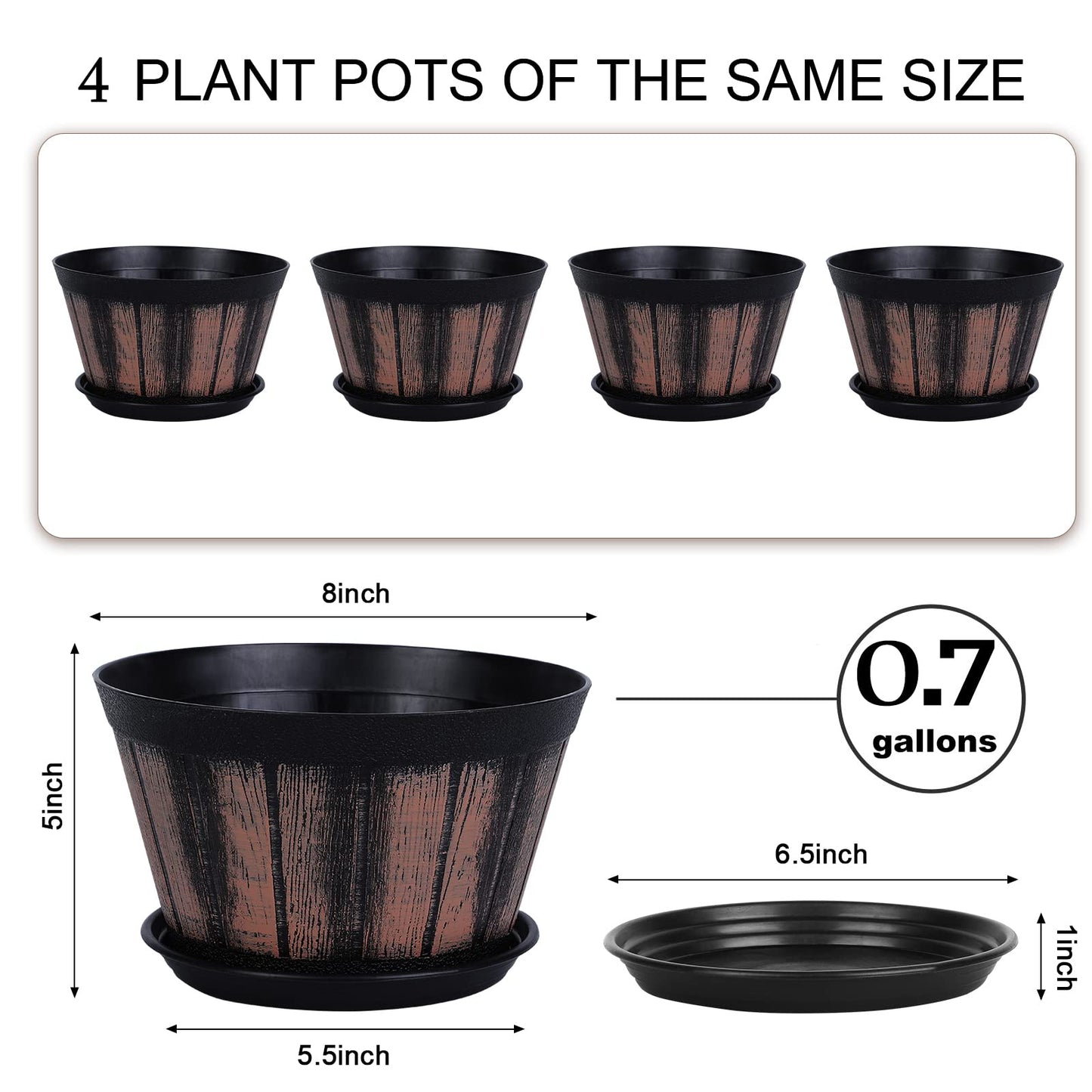 Quarut Plant Pots Set of 4 Pack 12 inch,Large Whiskey Barrel Planters with Drainage Holes & Saucer.Plastic Flower Pots Imitation Wine Barrel Design, for Indoor & Outdoor Garden Home Plants (Brown)