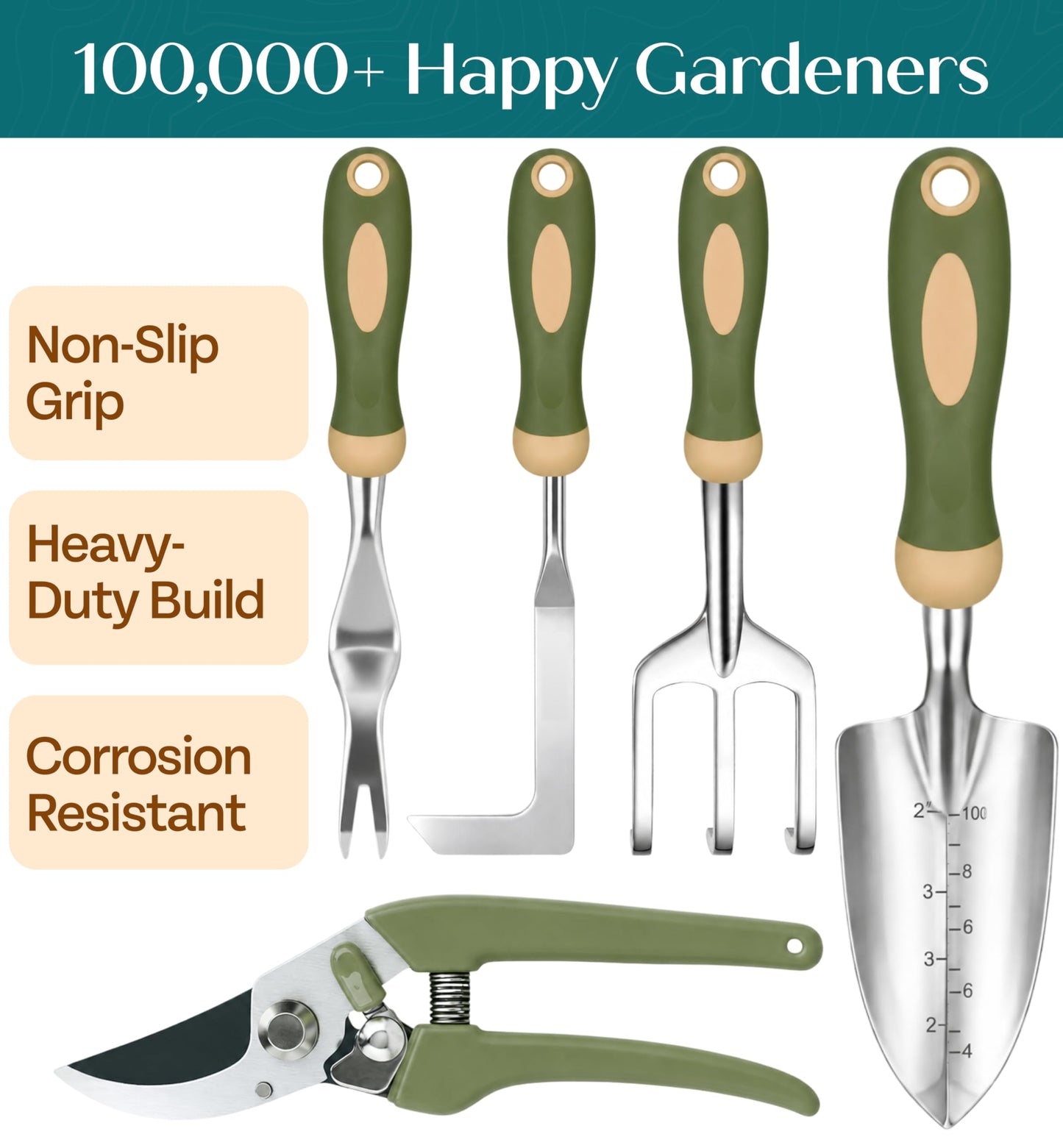 Heavy Duty Gardening Tools - Gardening Gifts for Women, Men, Mom, Dad - Durable, Ergonomic Garden Tools Set (Green)