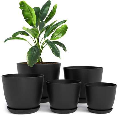 Utopia Home Plant Pots Indoor with Drainage Holes – Set of 5 White Plastic Flower Pots (7/6.6/6/5.3/4.8 Inch) – Modern Planters for Indoor Plants, Room & Office Décor, Great Stocking Stuffers
