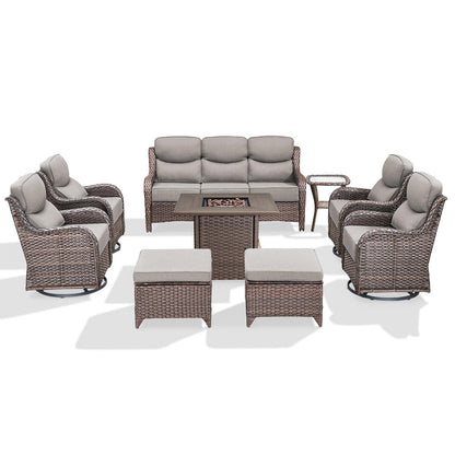 Luxury Patio Furniture Set with 6-inch Thick Cushion, Outdoor Furniture with Fire Pit Table, Swivel Chairs, Sofa, Side Table, Ottomans, 9pcs Wicker Conversation Set(Brown Wicker | Grey Cushion)
