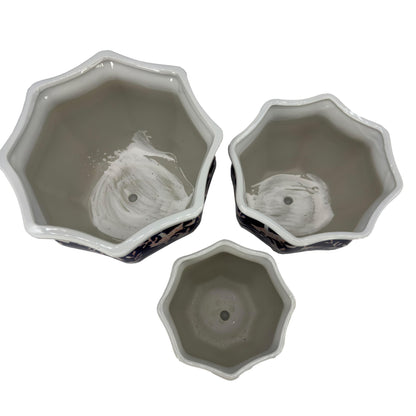 Galt International Blue & White Round Fluted Classic Floral Porcelain Ceramic Plant Flower Planter Pot Set of 3 (7.5", 10", 13") Garden Pots Chinese Asian Design