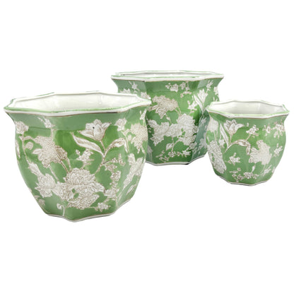 Galt International Blue & White Round Fluted Classic Floral Porcelain Ceramic Plant Flower Planter Pot Set of 3 (7.5", 10", 13") Garden Pots Chinese Asian Design
