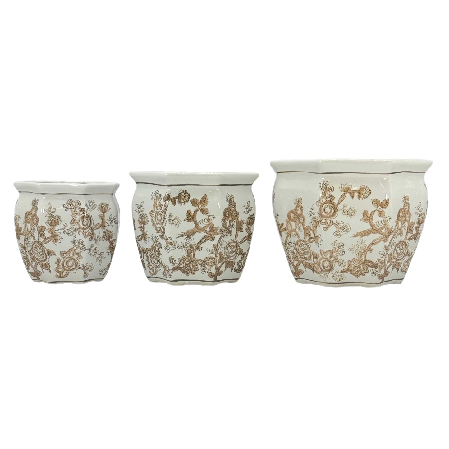 Galt International Blue & White Round Fluted Classic Floral Porcelain Ceramic Plant Flower Planter Pot Set of 3 (7.5", 10", 13") Garden Pots Chinese Asian Design