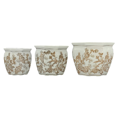 Galt International Blue & White Round Fluted Classic Floral Porcelain Ceramic Plant Flower Planter Pot Set of 3 (7.5", 10", 13") Garden Pots Chinese Asian Design