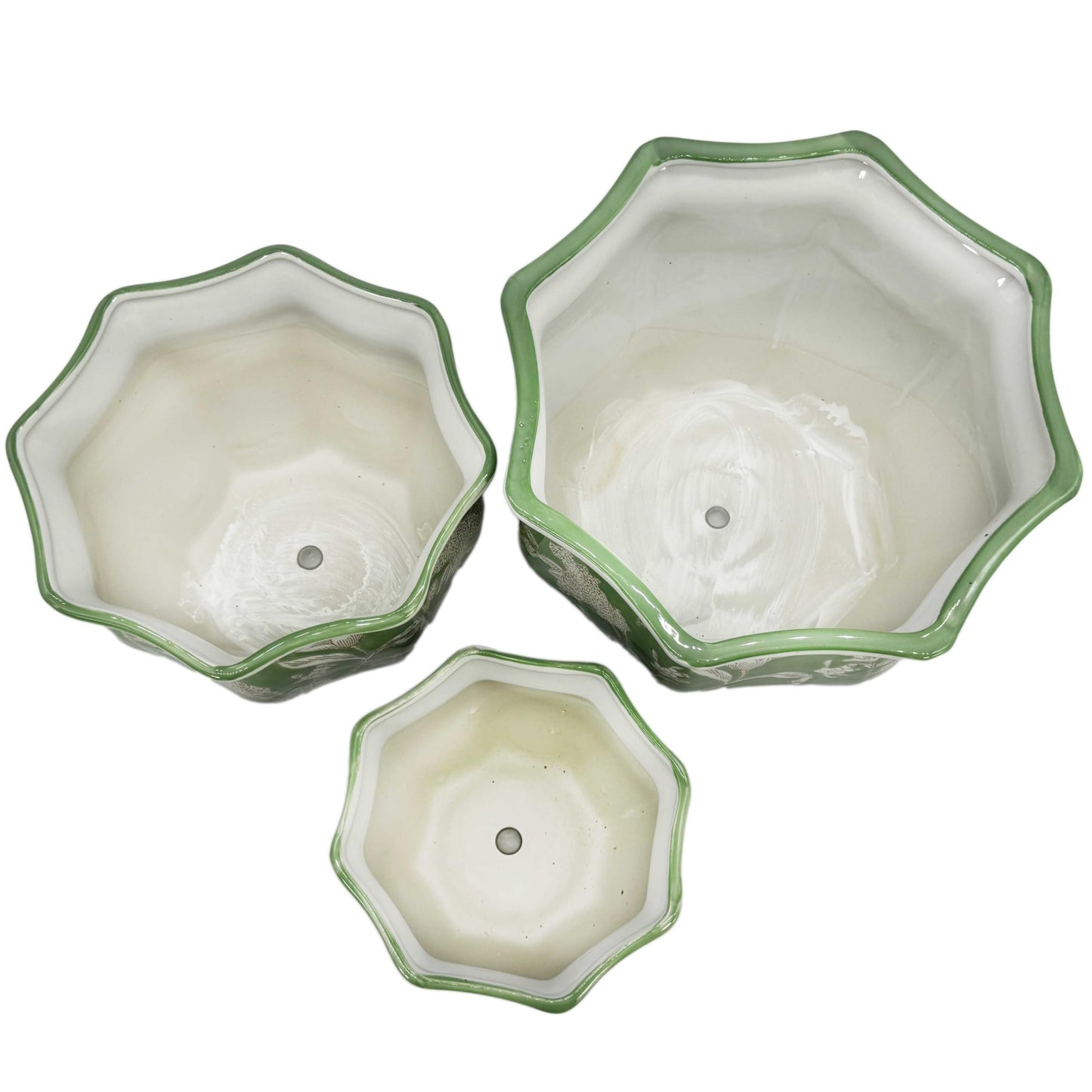 Galt International Blue & White Round Fluted Classic Floral Porcelain Ceramic Plant Flower Planter Pot Set of 3 (7.5", 10", 13") Garden Pots Chinese Asian Design