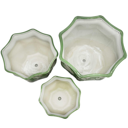 Galt International Blue & White Round Fluted Classic Floral Porcelain Ceramic Plant Flower Planter Pot Set of 3 (7.5", 10", 13") Garden Pots Chinese Asian Design