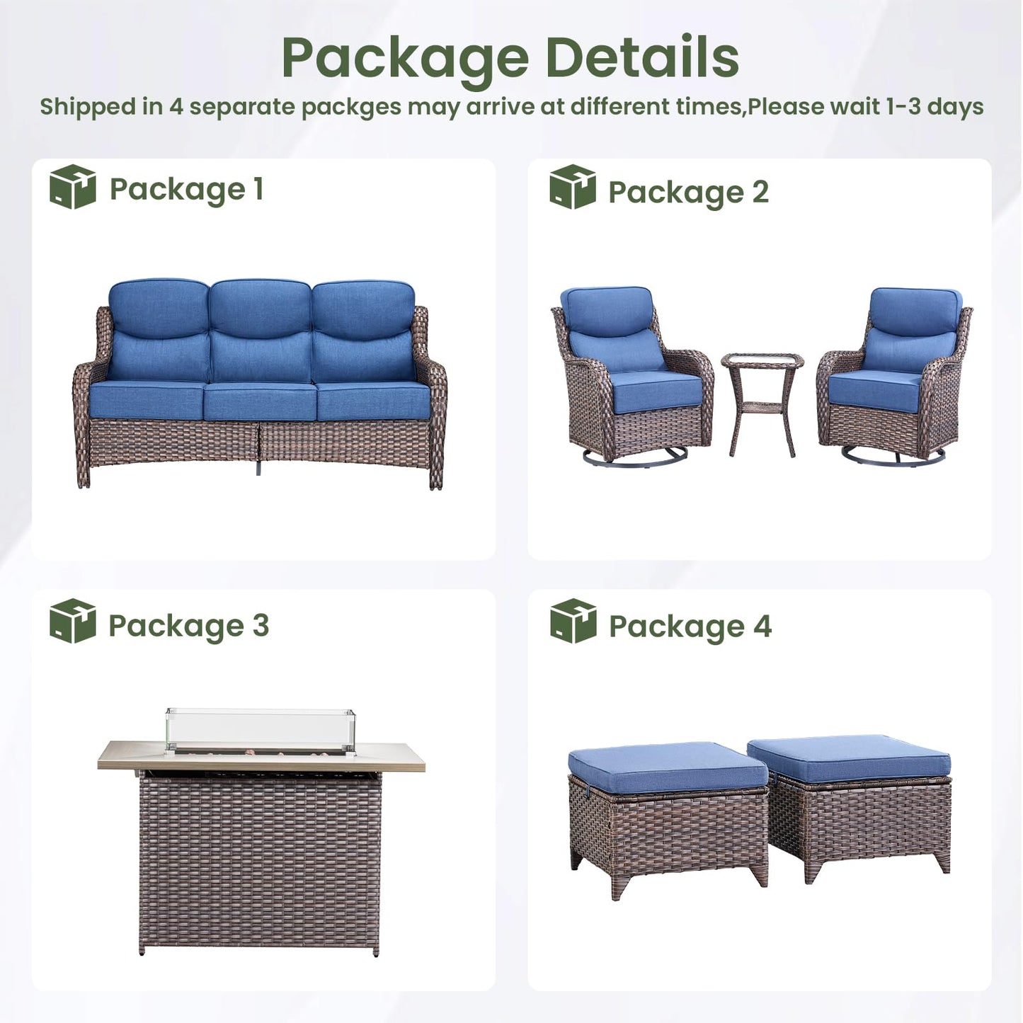 Luxury Patio Furniture Set with 6-inch Thick Cushion, Outdoor Furniture with Fire Pit Table, Swivel Chairs, Sofa, Side Table, Ottomans, 9pcs Wicker Conversation Set(Brown Wicker | Grey Cushion)