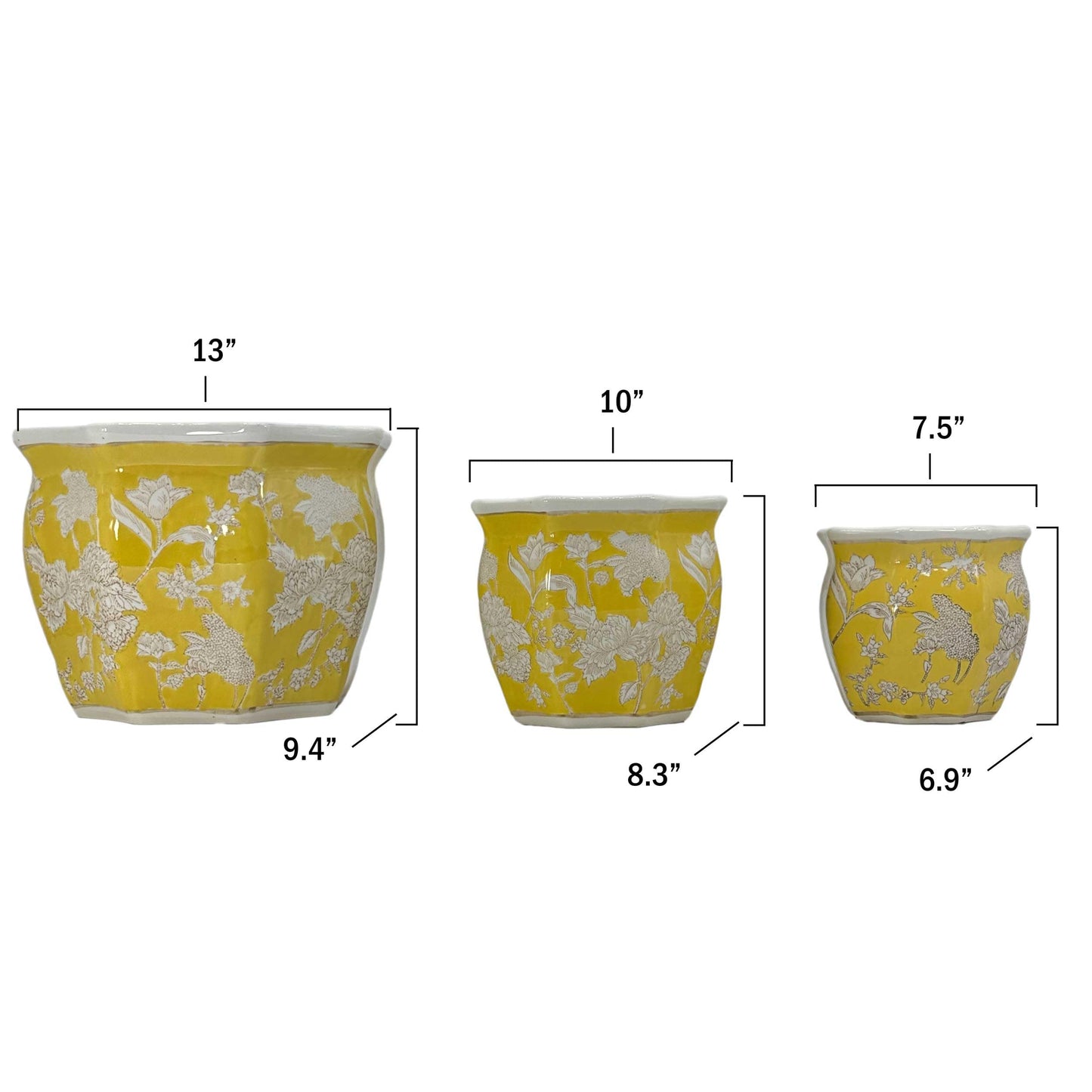 Galt International Blue & White Round Fluted Classic Floral Porcelain Ceramic Plant Flower Planter Pot Set of 3 (7.5", 10", 13") Garden Pots Chinese Asian Design