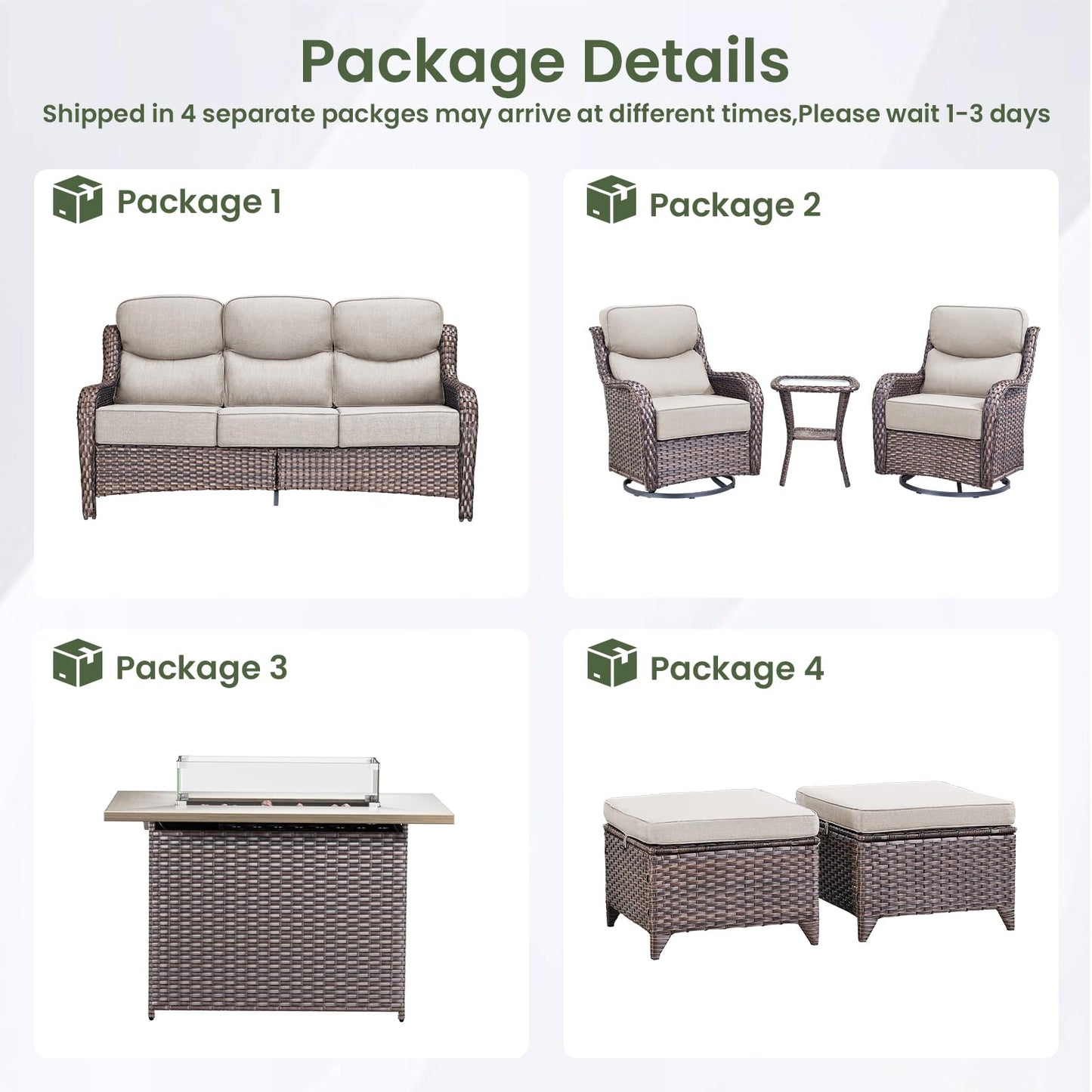 Luxury Patio Furniture Set with 6-inch Thick Cushion, Outdoor Furniture with Fire Pit Table, Swivel Chairs, Sofa, Side Table, Ottomans, 9pcs Wicker Conversation Set(Brown Wicker | Grey Cushion)