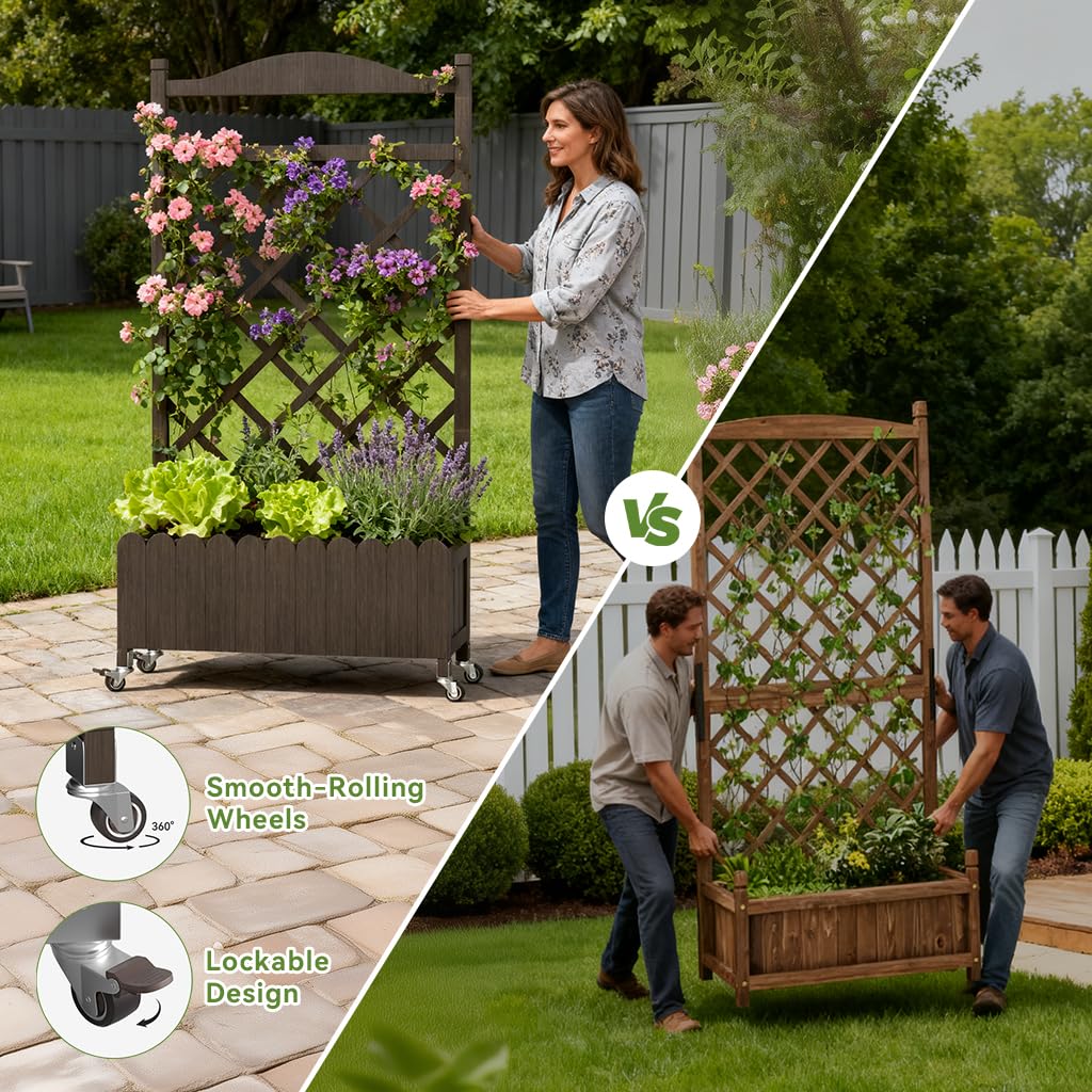 COMHOMA 2 Pack Planter Box with Trellis and Wheels, 48In Elevated Raised Garden Bed, Drainage Holes, Outdoor Lattice for Climbing Flowers, Vegetables, Patio Balcony, Brown