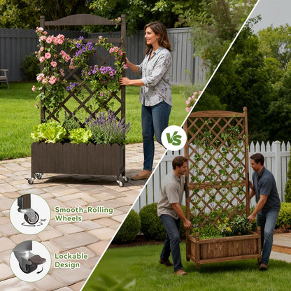 COMHOMA 2 Pack Planter Box with Trellis and Wheels, 48In Elevated Raised Garden Bed, Drainage Holes, Outdoor Lattice for Climbing Flowers, Vegetables, Patio Balcony, Brown