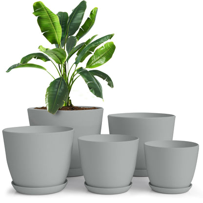 Utopia Home Plant Pots Indoor with Drainage Holes – Set of 5 White Plastic Flower Pots (7/6.6/6/5.3/4.8 Inch) – Modern Planters for Indoor Plants, Room & Office Décor, Great Stocking Stuffers