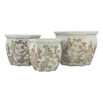Galt International Blue & White Round Fluted Classic Floral Porcelain Ceramic Plant Flower Planter Pot Set of 3 (7.5", 10", 13") Garden Pots Chinese Asian Design