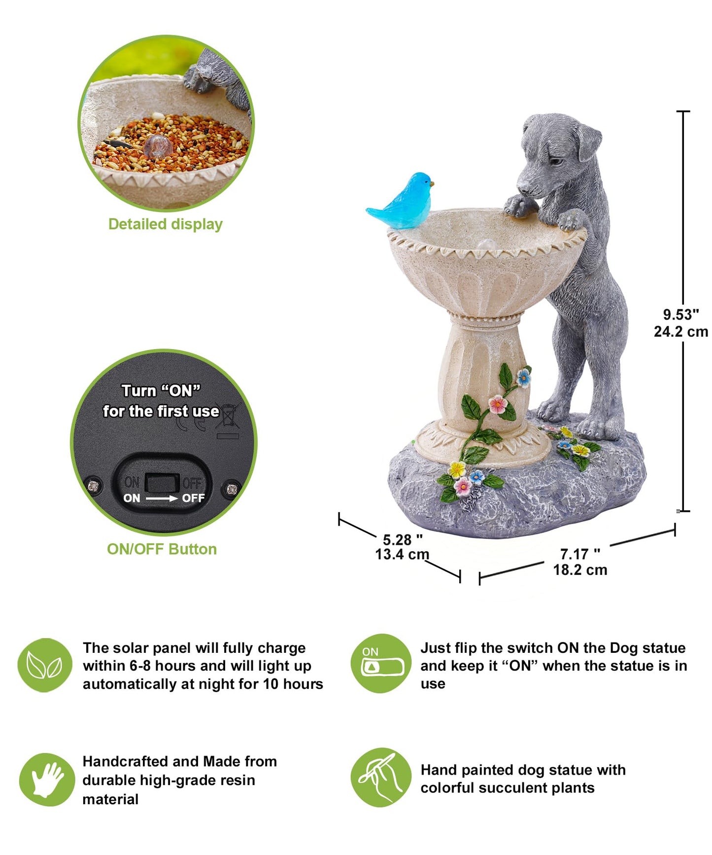 Nacome Solar Dog Statue for Garden Decor: IP65 Weatherproof Resin with Automatic Lighting - No Installation- Outdoor Yard Patio Balcony Art - Birthday Gifts for Bird Lovers Mom Grandma Women