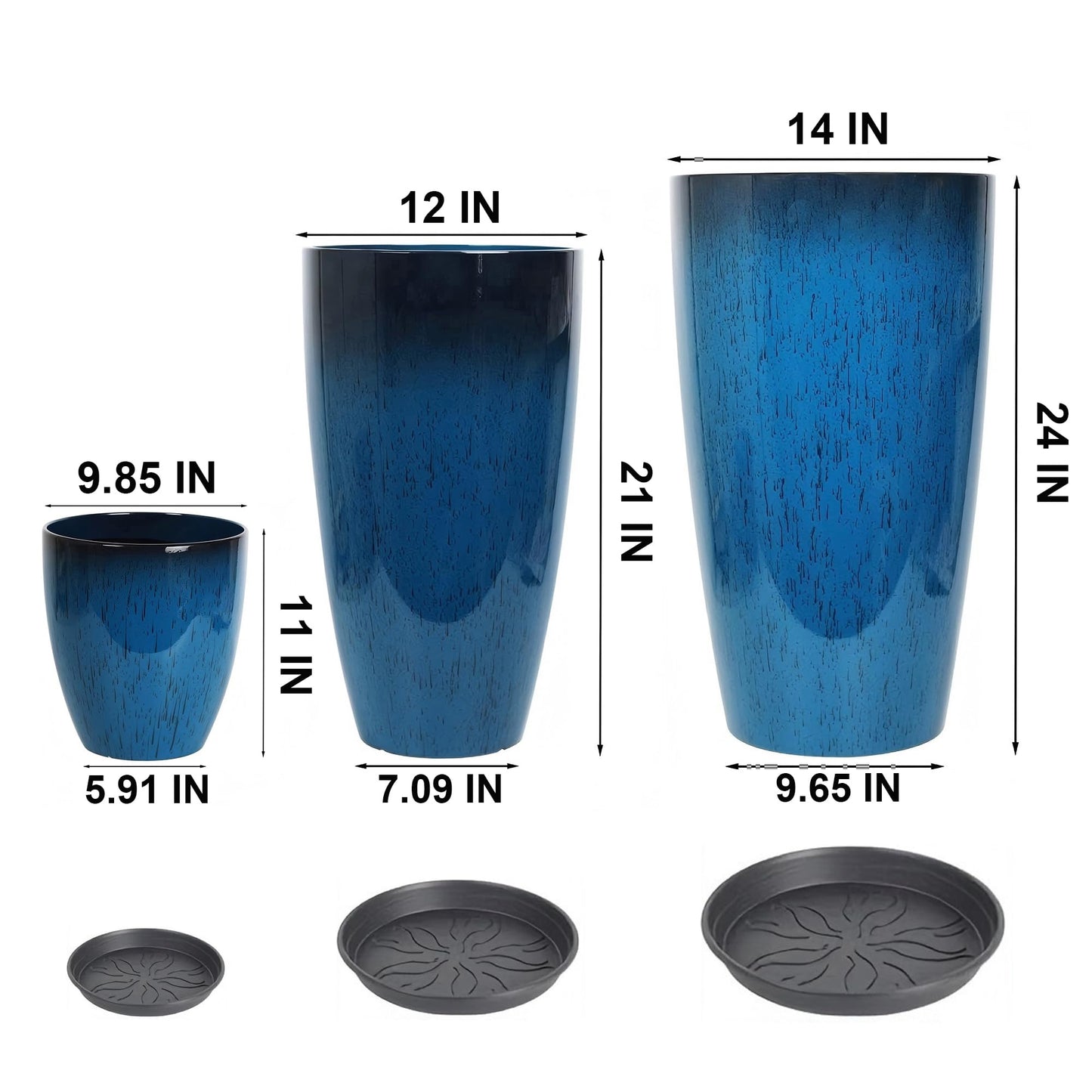 24,21,11 Inch Large Plastic Planters with Drainage Hole and Saucer - Set of 3 Tall Plant Pots Indoor Flower Pot Tall Round Planters Outdoor Large Tall Planter