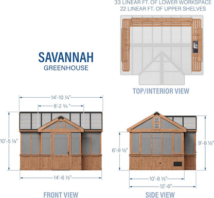 Backyard Discovery Savannah Chalet-Style 14.5' x 12' Cedar and Polycarbonate Walk-In Greenhouse Kit with Sink, Exhaust Fans, Windows, Hose Hook-Ups, PowerPort, Staging Shelves for Year-Round Gardening