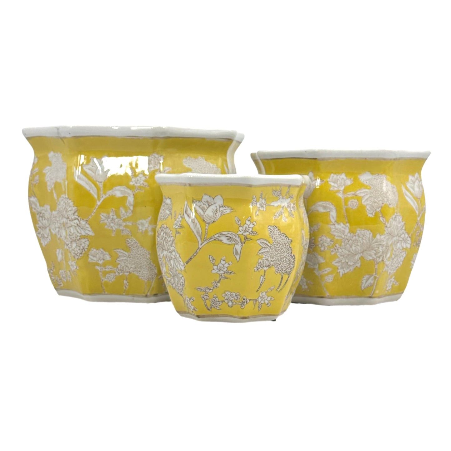 Galt International Blue & White Round Fluted Classic Floral Porcelain Ceramic Plant Flower Planter Pot Set of 3 (7.5", 10", 13") Garden Pots Chinese Asian Design